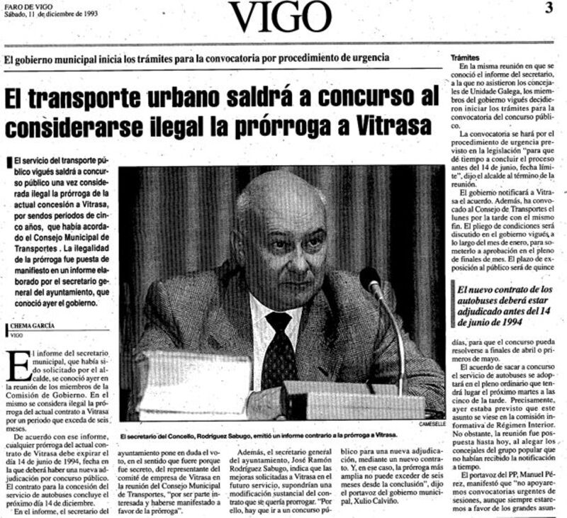 Capturas de distintas noticias de Faro de Vigo de los días 1, 2 y 11 de diciembre de 1993, respectivamente, donde se relata lo sucedido con el intento de prórroga anterior.