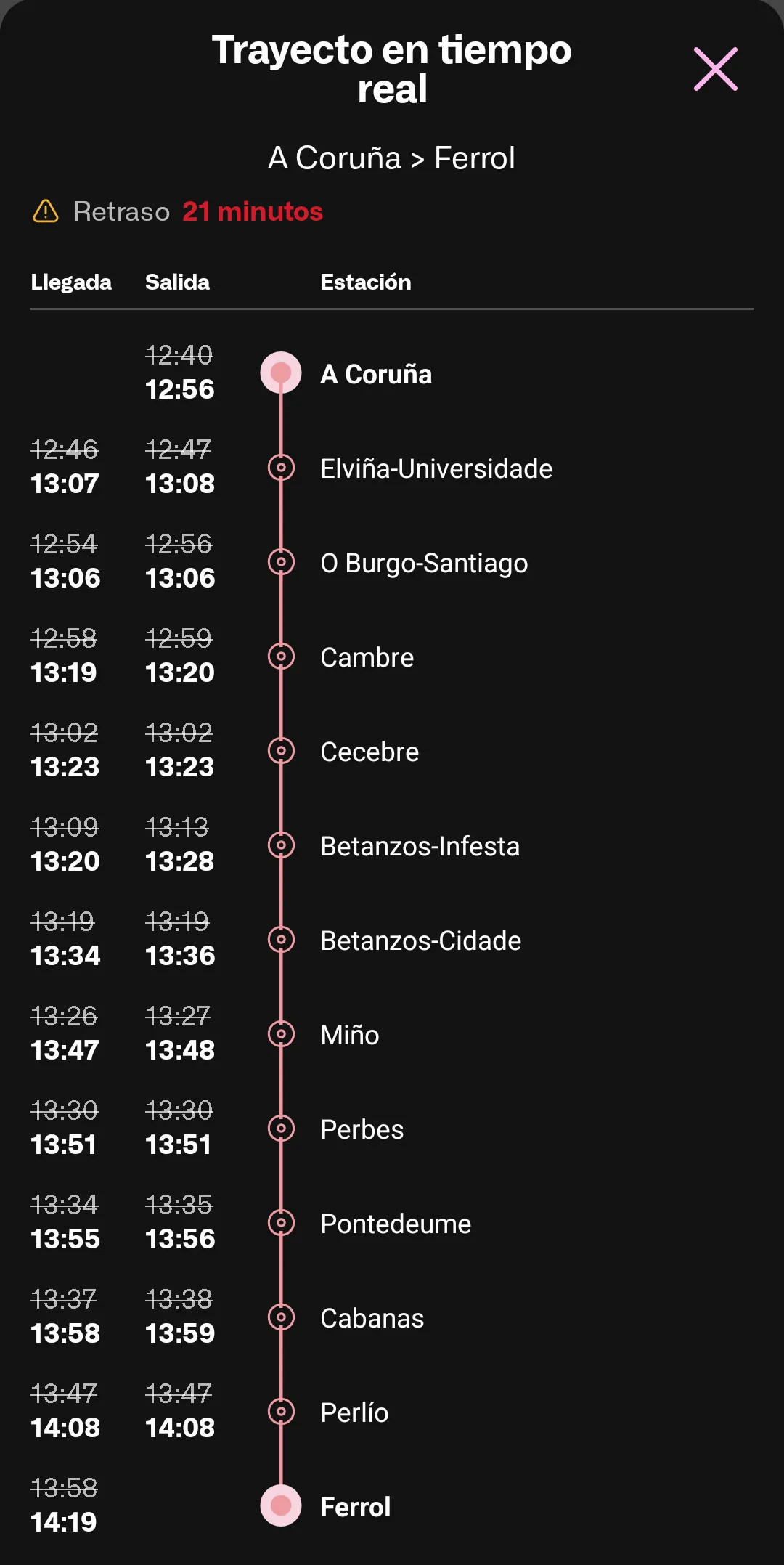 Captura de la aplicación de Renfe, mostrando la salida de A Coruña a las 12:56, cuando estaba programada a las 12:40
