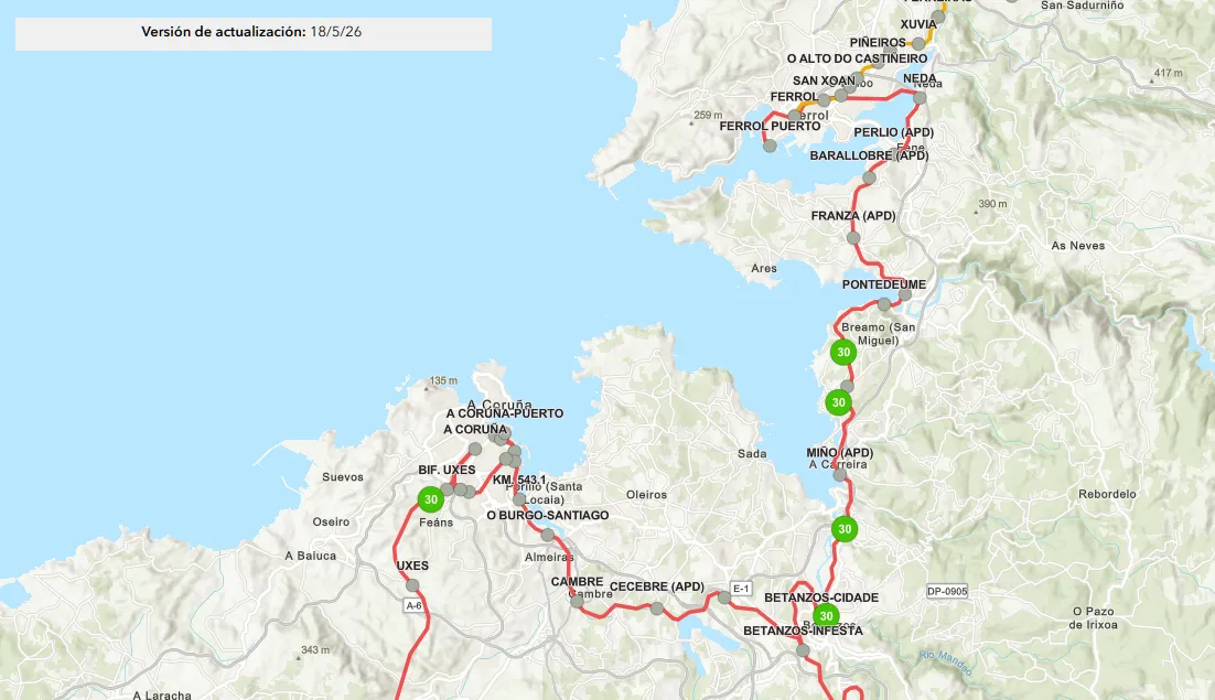 Captura del informe de LTV de Adif a 24 de mayo de 2026, con datos del 18 de mayo, que solo muestran 4 limitaciones a 30km/h entre Betanzos y Pontedeume, ninguna en el resto de recorrido