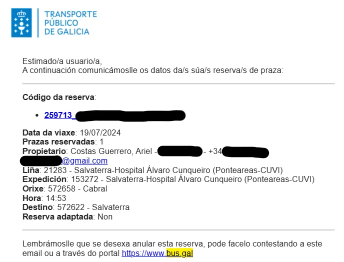 El correo electrónico de la Xunta confirmando la reserva. Se han censurado el número de reserva, DNI, número de teléfono y el correo electrónico