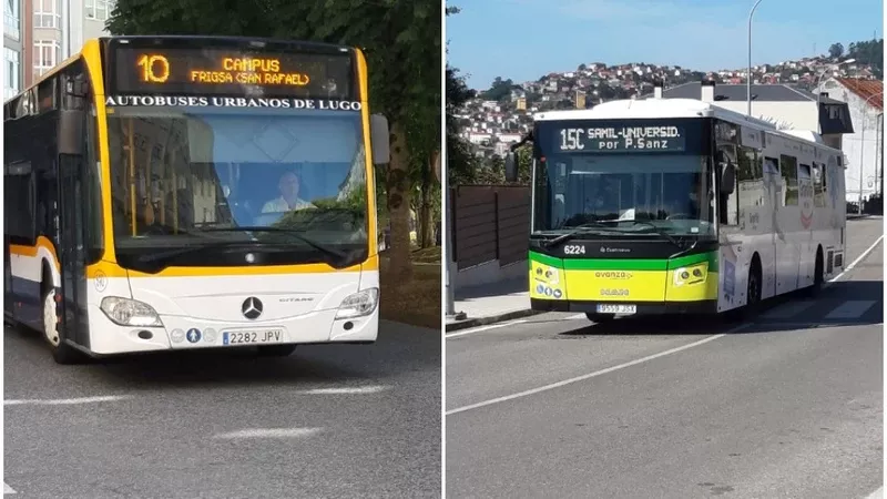A la izquierda el autobús 590 de AULUSA, y a la derecha el 6224 de Vitrasa.