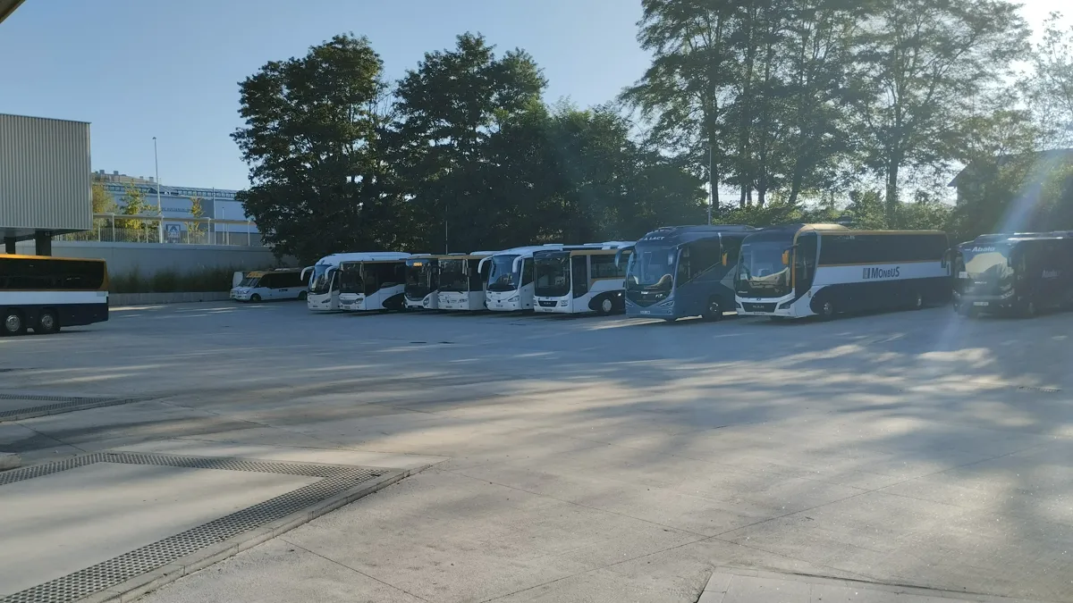 Autobuses (todos de Monbus salvo dos) en la estación de autobuses de Pontevedra